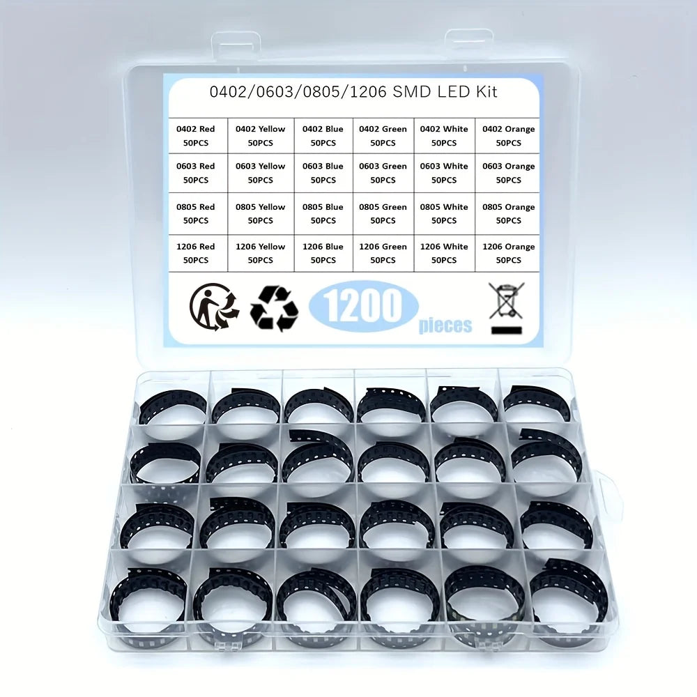 1200Pcs/LOT SMD LED Kit 0402 0603 0805 1206 Red/Green/Blue/White/Yellow/Orange Diode Set 6 Colors Each 50Pcs
