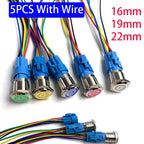 5 pcs Metal Push Button Switch 12v 16mm 19mm 22mm Ring Lamp Power Symbol Waterproof LED Light Self Lock Reset with Connector 220