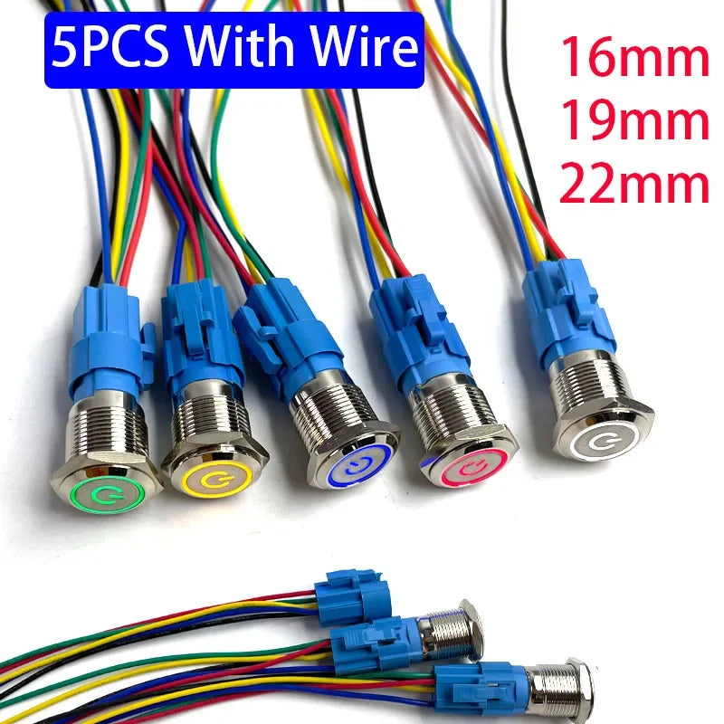 5 pcs Metal Push Button Switch 12v 16mm 19mm 22mm Ring Lamp Power Symbol Waterproof LED Light Self Lock Reset with Connector 220