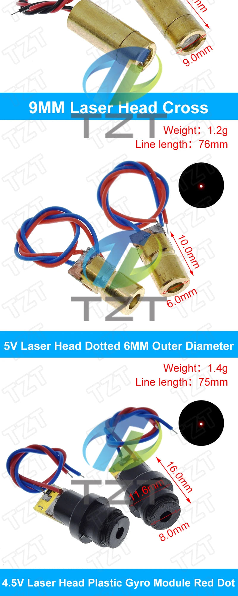 TZT 650nm 5mW 6MM 9MM 12MM Red Point / Line / Cross Laser Module Head Glass Lens Focusable Focus Adjustable Laser Head