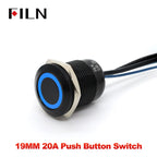 FILN 19MM 20A 12V 24V 110V 220V LATCHING MOMENTARY Flat Ring Round Push Button Switch IP66 Metal Stainless Steel  with 20cm Wire