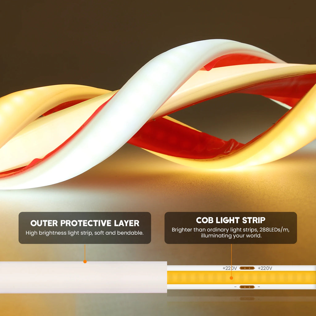 220V Dimmable COB LED Neon Strip Light 288Leds/M IP67 With Switch/Dimmer EU Plug Flexible Adhesive Tape for Home Garden Lighting