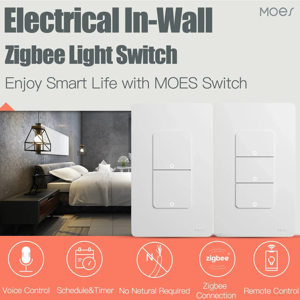 MOES Tuya ZigBee US Smart Light Switch Push Button Wall Switch Neutral Wire/No Neutral Wire Required Work With Alexa Google Home