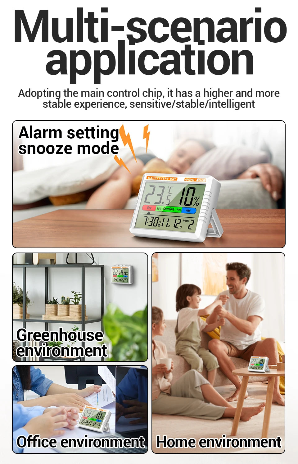 Digital Thermohygrometer Clock ANENG AP01 Snooze Alarm Mode Air Thermometer Humidity Multi-scenario High Precision Tester Tools