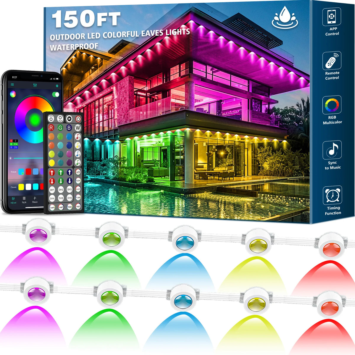 150FT Permanent Outdoor Lights, Outdoor Christmas Lights, Smart RGB App Control with 60 LEDs, LED Eaves Lights IP67 Waterproof, House Roof Outdoor Lighting for Party, Daily, Halloween, Garden