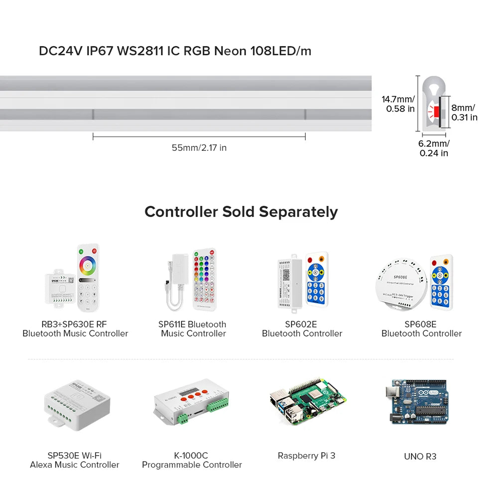 WS2811 RGBIC Neon Light Strip Addressable Neon Sign Silicone External 1 IC Control 6 LEDs Bright Tape 108 LEDs/M 24V IP67 3m 5m