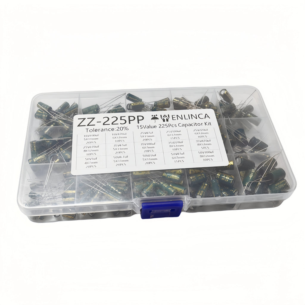 225Pcs/Box Capacitor Kit Aluminum Electrolytic Capacitors Set 15Values 16V-50V 1uF-470uF Assorted Kit Storage Low ESR