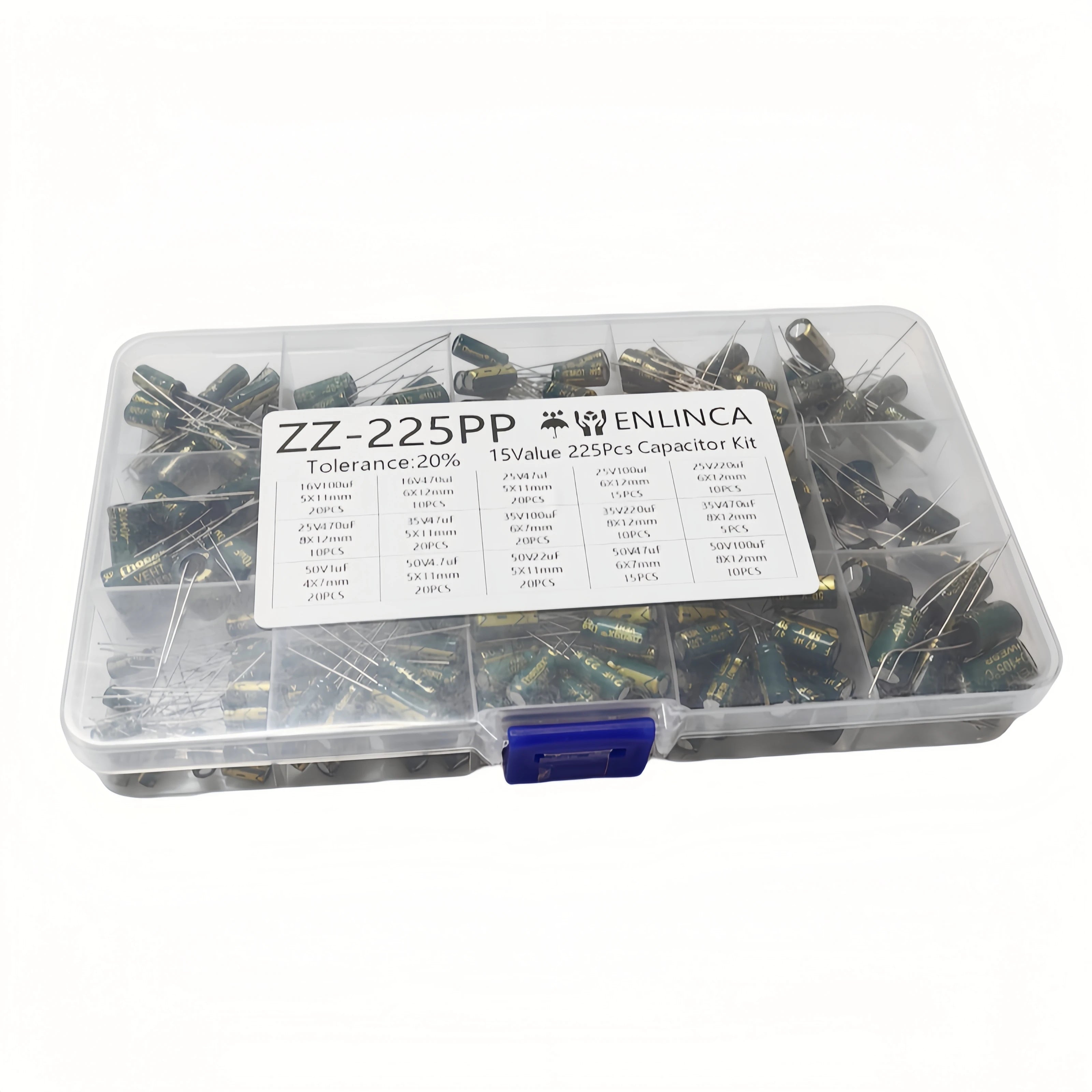 225Pcs/Box Capacitor Kit Aluminum Electrolytic Capacitors Set 15Values 16V-50V 1uF-470uF Assorted Kit Storage Low ESR