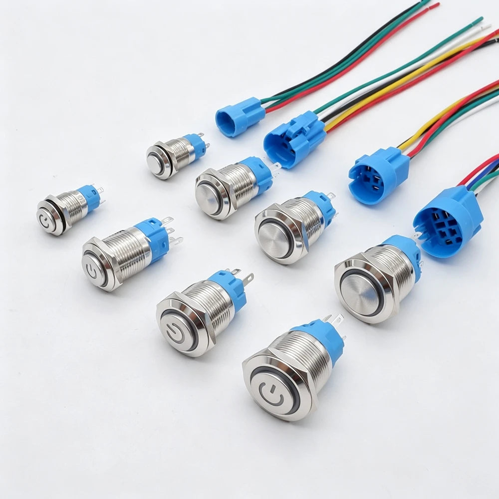 12/16/19/22mm Metal Push Button IP66 Waterproof Self Reset Latching Red LED 1NO1NC Plug Terminal 5V 12V 220V Control Switch Blue