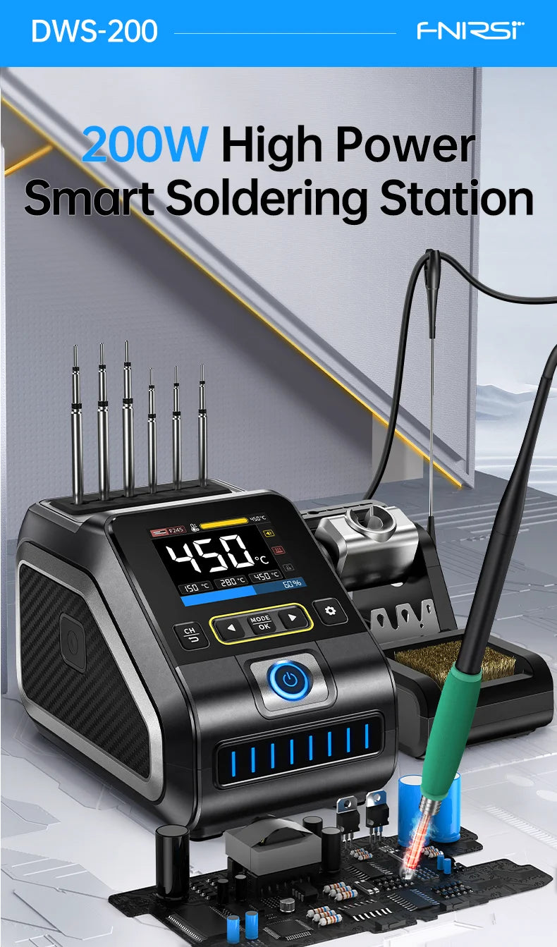 FNIRSI DWS-200 200W Power Repaid Heating Soldering Iron Staion C210 C245 Solder Iron Handle Electronic Welding Rework Station