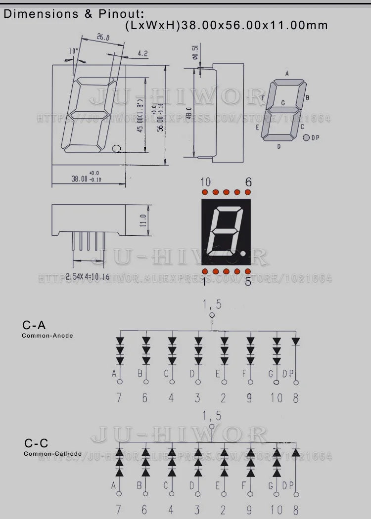 2pcs 1.8 Inch 10Pins 1 Digit Bit 7 Segment Blue LED Digital Display Digitron 18101AB 18101BB Common Anode Cathode C-C C-A