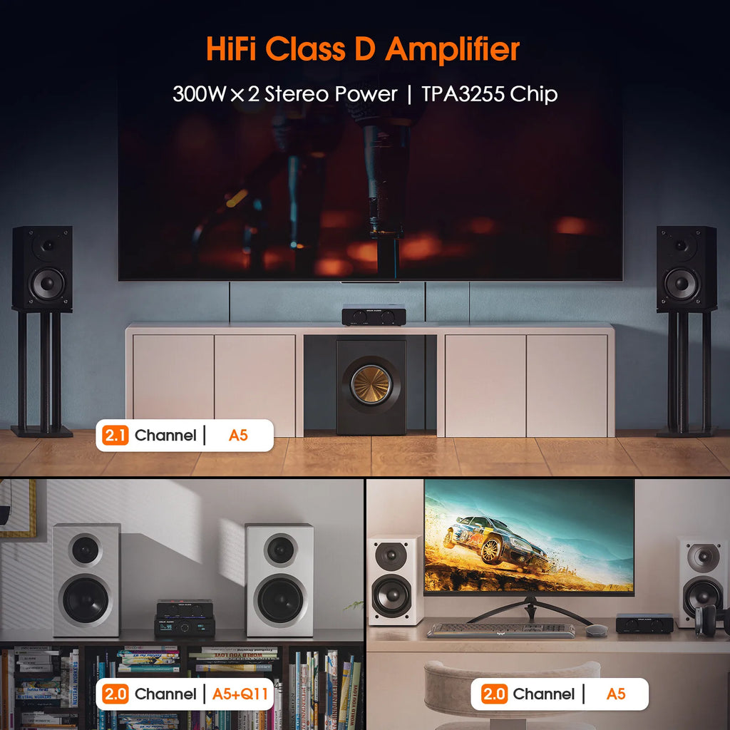 Nobsound A5 TPA3255 Stereo Amp HiFi Audio Class D Amplifier High-Pass Filter Home Power Desk Amp 300W with 32V/5A Power Supply