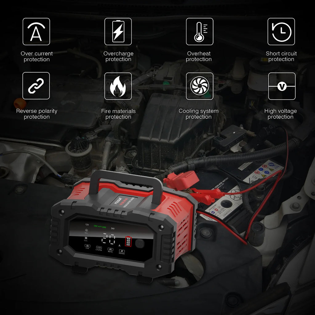 12v/24v Fully Automatic Battery Charger 7-segment Smart Car Battery Charger Pulse Repair for Agm Gel Wet Lead Acid Charging