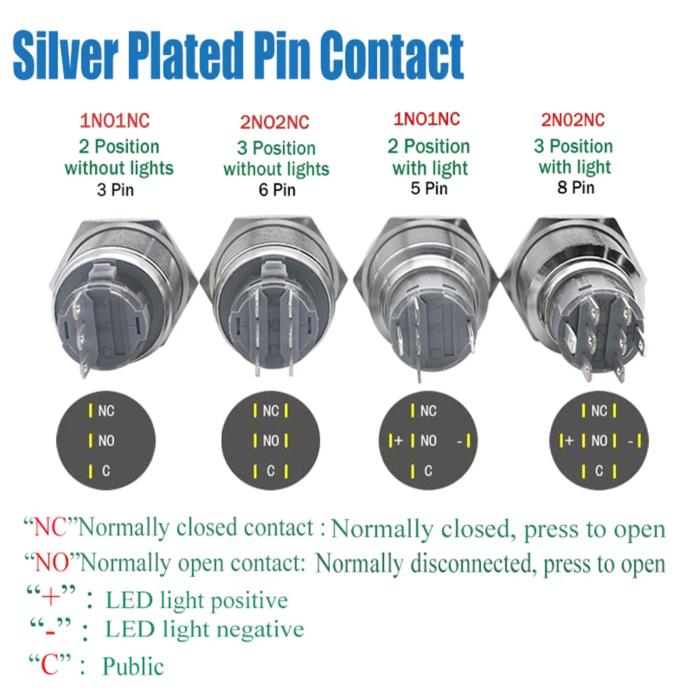 19mm 2 3 Position Latching Stainless Steel Metal Selector Rotary Switch with LED Waterproof  DPDT Illuminated Self-locking