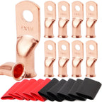 10pcs Copper Terminal Connectors, AWG 2 4 6 8 1/0 2/0 Ring Lug With Shrink Tubing 10Battery Cable Lugs, With 10 Shrink Tubing