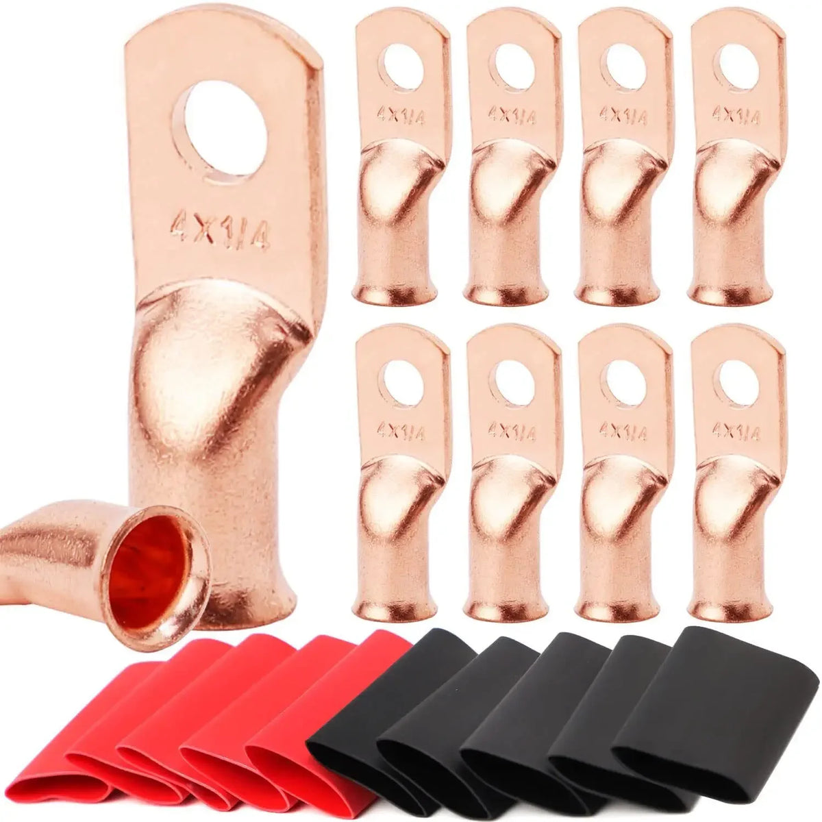 10pcs Copper Terminal Connectors, AWG 2 4 6 8 1/0 2/0 Ring Lug With Shrink Tubing 10Battery Cable Lugs, With 10 Shrink Tubing