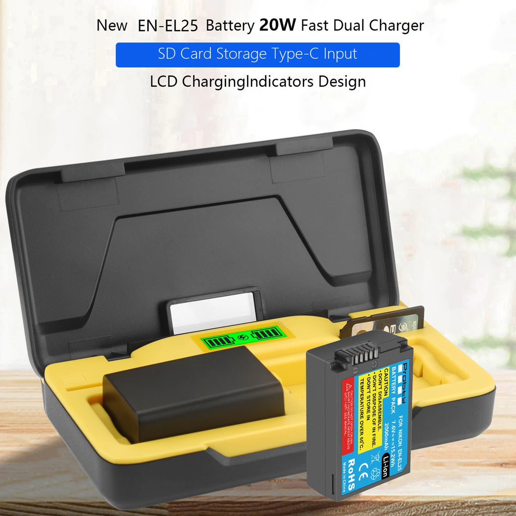 Probty EN-EL25 EN EL25A Battery Charger 20W Fast Charging w SD Card Slots For Nikon Z Series Z50 Z30 Z50ii ZFC Z FC Camera