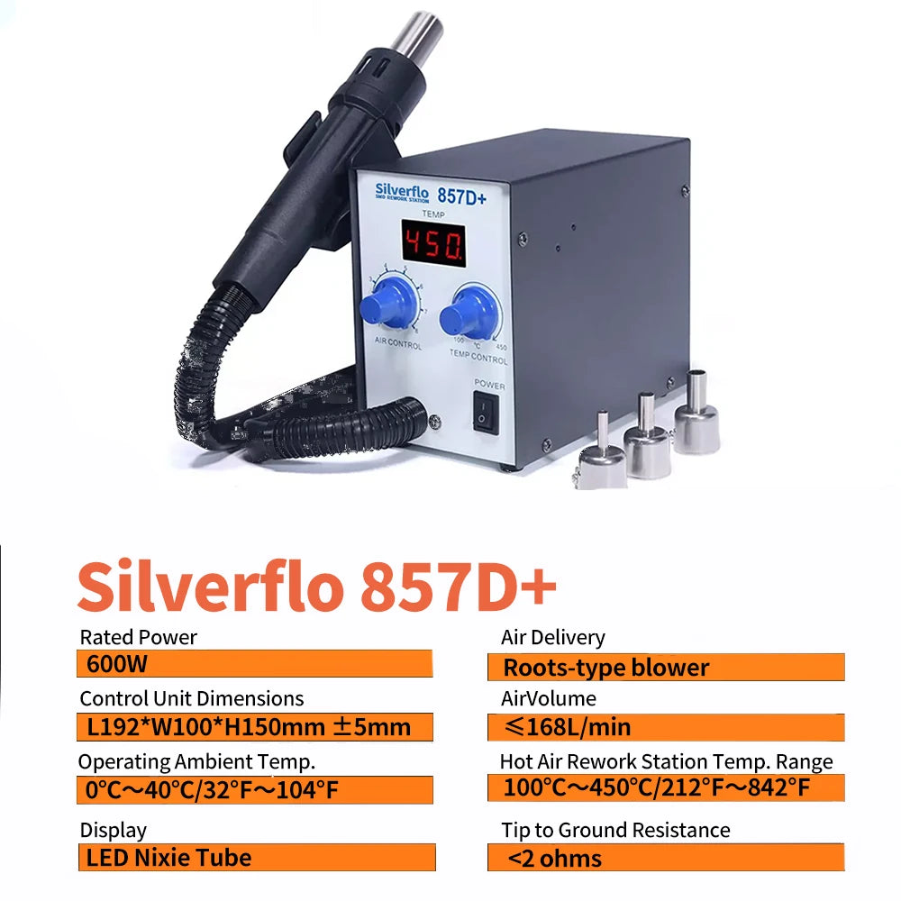 Silverflo Hot Air Welding Station 600W Hot Air Soldering Station Desoldering Station for SMD PCB BGA Rework Heat Shrinking 857D+