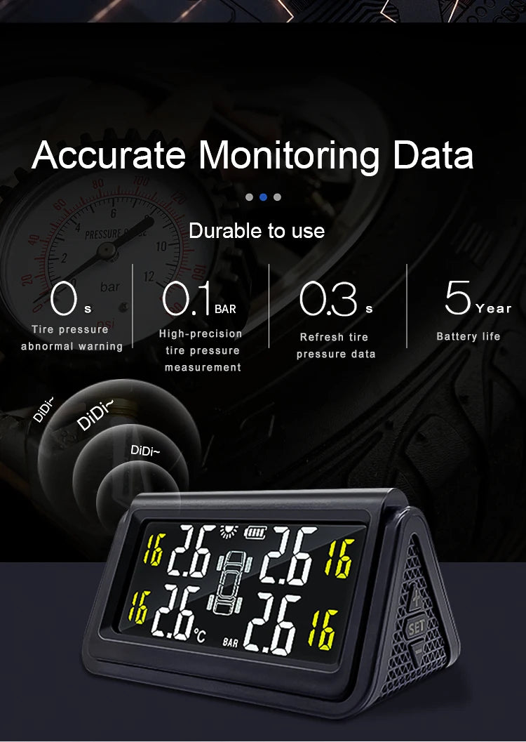 Solar Wireless Tire Pressure Monitoring System TPMS Auto Security Alarm Device Digital Colorful Display With 4 sensors