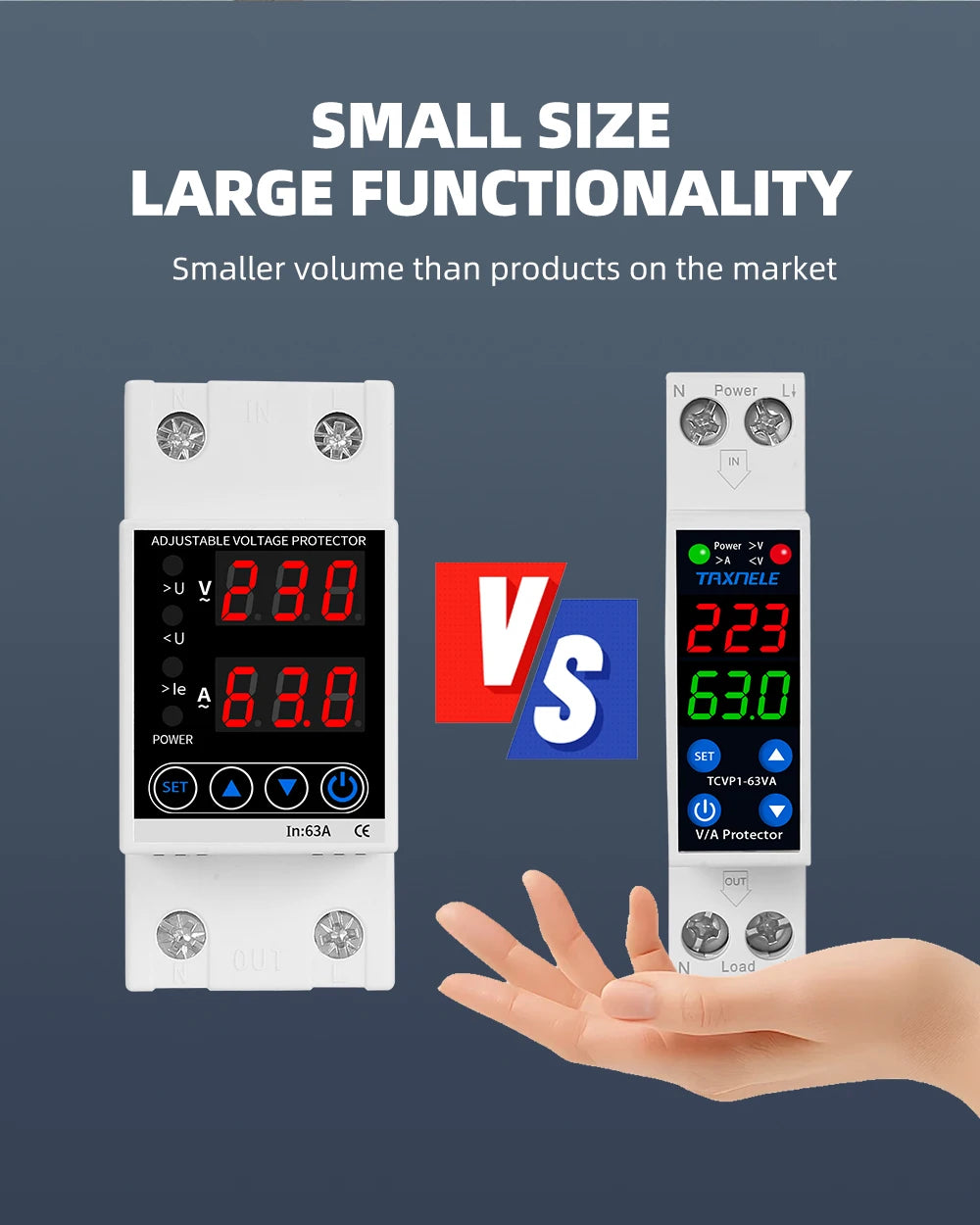18MM 1P+N 63A 230V Dual Display Adjustable Digital Over Under Voltage Relay Surge Protector Limit Over Current Protection