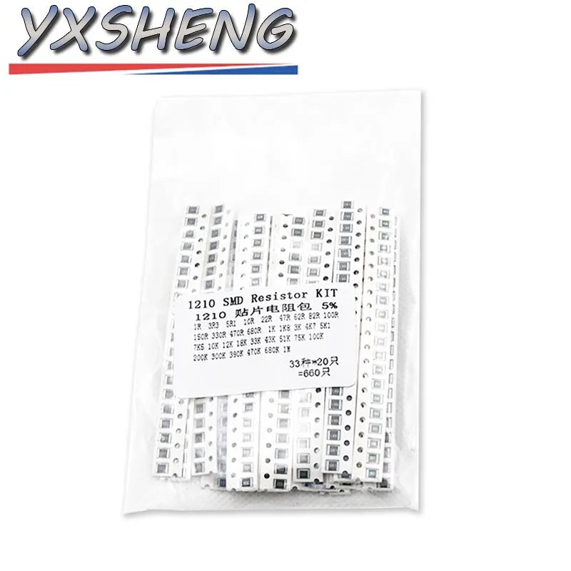 660PCS 0603 0805 1206 1210 SMD Resistor 1% 5% KIT 1R~1MΩ 10K 100K 1R 100R 330R 33Values*20pcs Assorted kit