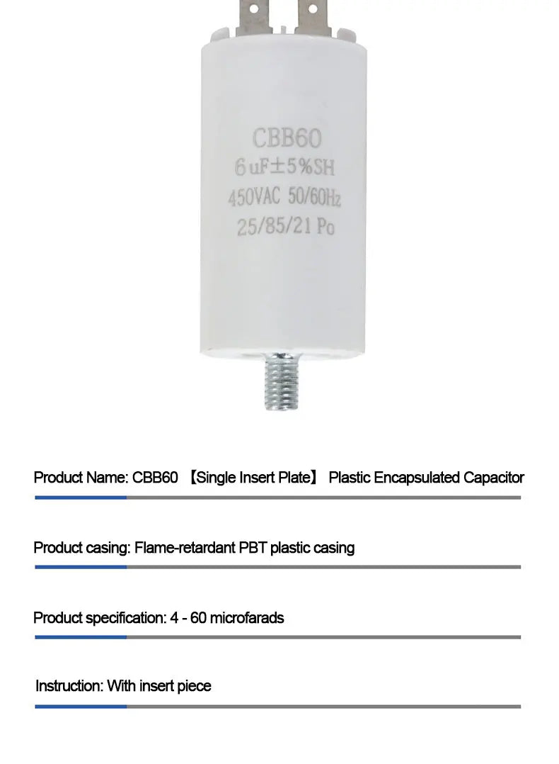 CBB60 Washing Machine Pump Starting Capacitor:4uf,5uf,6uf,8uf,10uf,12uf,14uf,15uf,20uf,25uf,30uf,35uf,40uf,45uf,50uf,60uf 450VAC