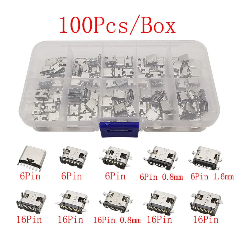 1Box USB Type C Female Charging Port 2/6/16 Pin Connector Type-C Socket SMD PCB Soldering DIY Repair USB-C Type C Jack Adapter