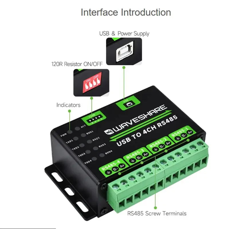 Waveshare USB To 4Ch RS485 Converter Multi Protection Circuits Industrial Grade Universal Serial Communication Device