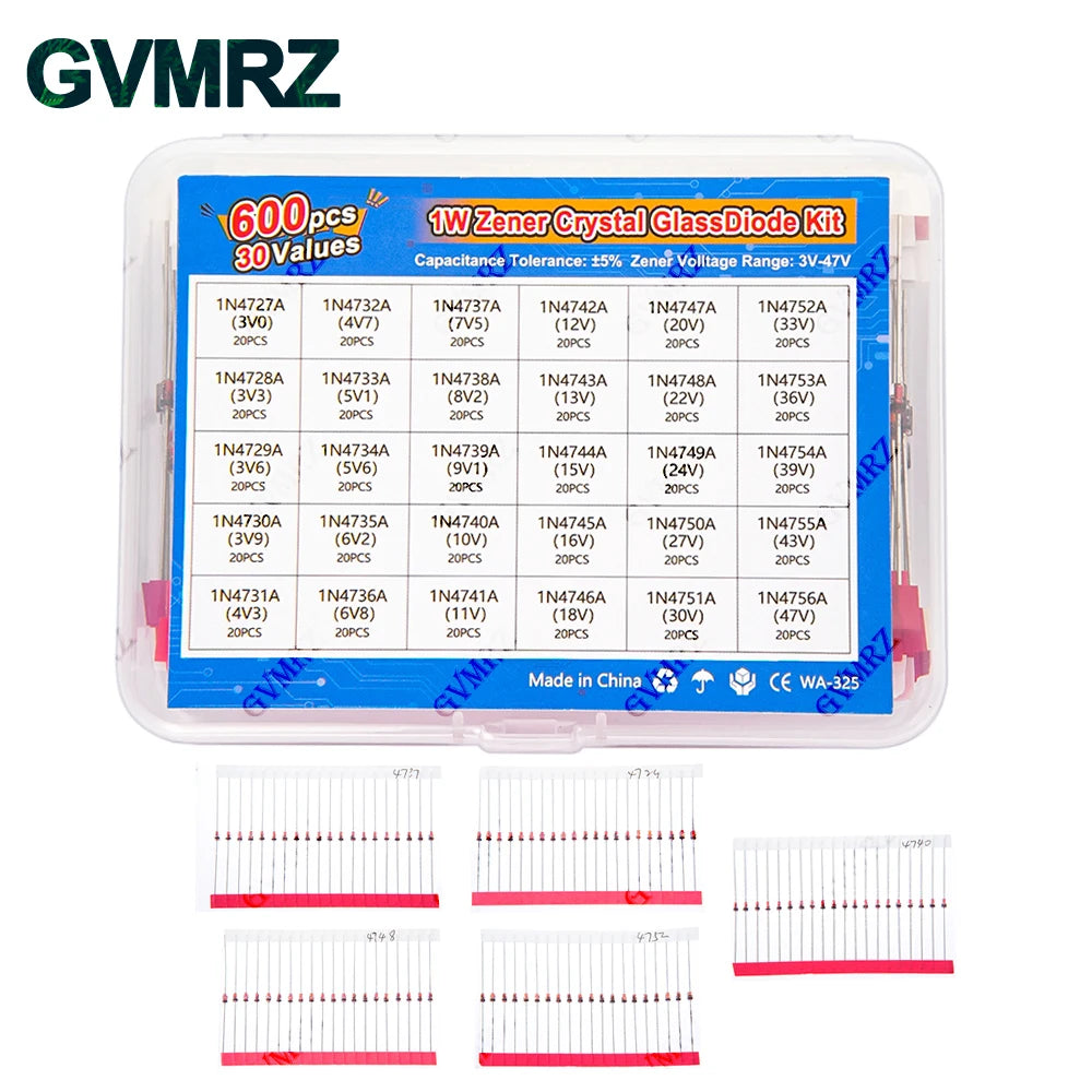600PCS 30Values 1W Zener Diode Kit 3V-47V Box for Electronics Voltage Regulation Projects