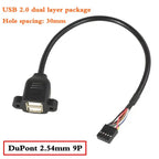 Motherboard 9-Pin to Dual Port USB 2.0 A Female With Ear Screw Hole Panel Data Extension Cable DuPont 2.0/2.54mm 9Pin Terminal