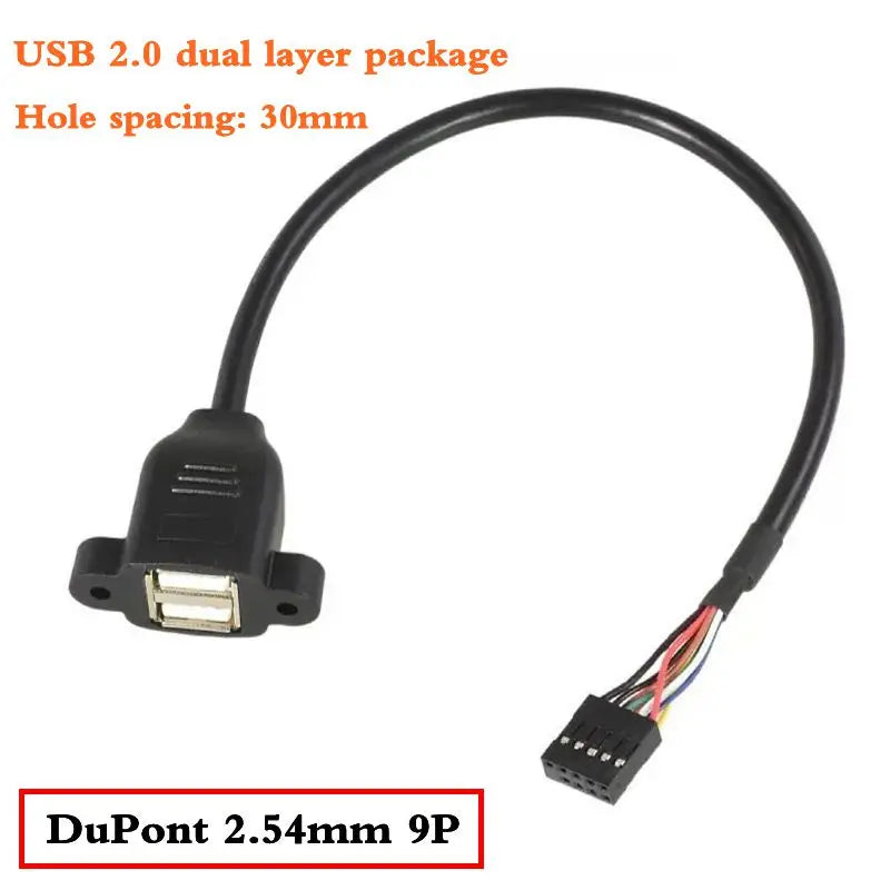Motherboard 9-Pin to Dual Port USB 2.0 A Female With Ear Screw Hole Panel Data Extension Cable DuPont 2.0/2.54mm 9Pin Terminal