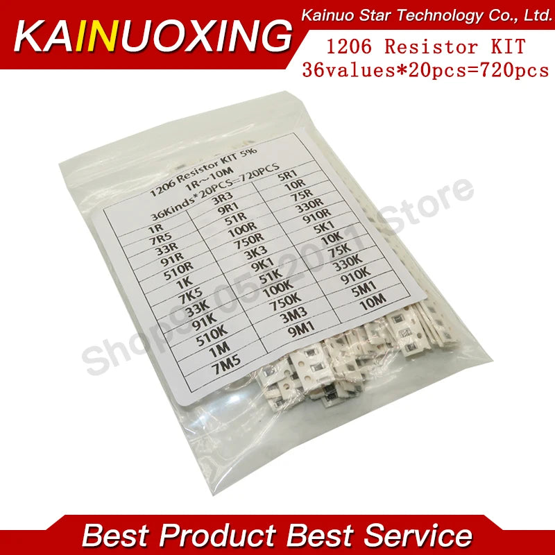 36Value * 20pcs =720pcs 0603 0805 1206 SMD Resistor Kit 1/4W 0.25W 5% 1 ohm~10 Mohm component diy kit new and original