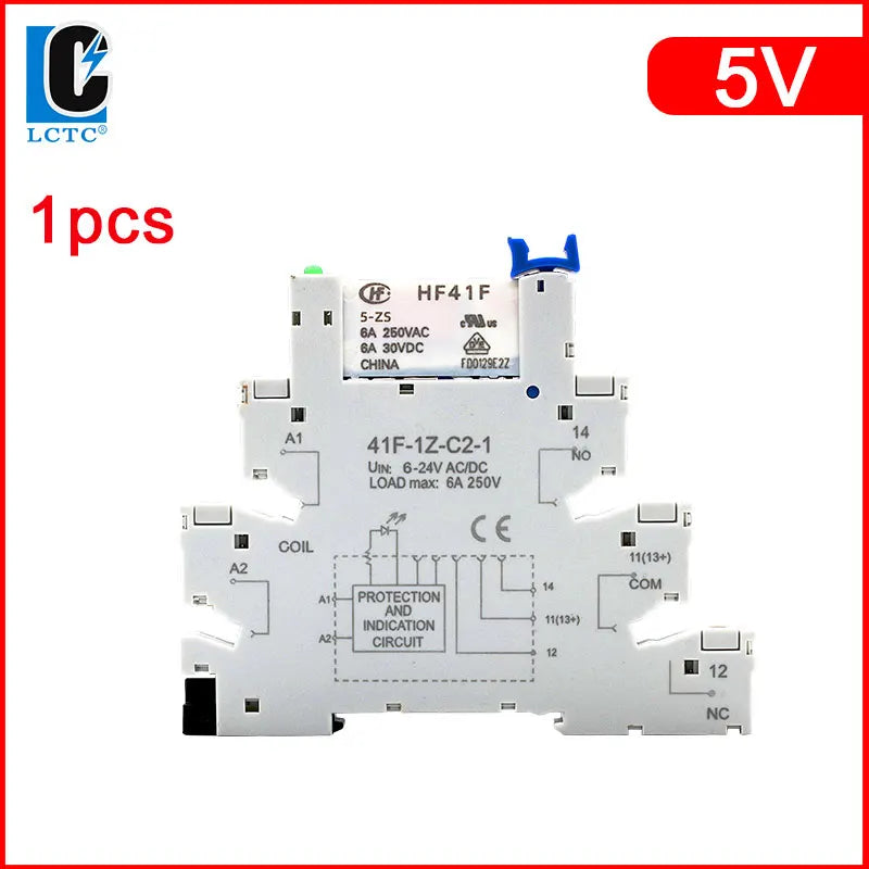 1PCS Slim Relay HF-41F 5V 12V 24V High Frequency Relay Base DIN Rail Relay 41F-5-ZS41F-12-ZS41F-24-ZS LED 6A