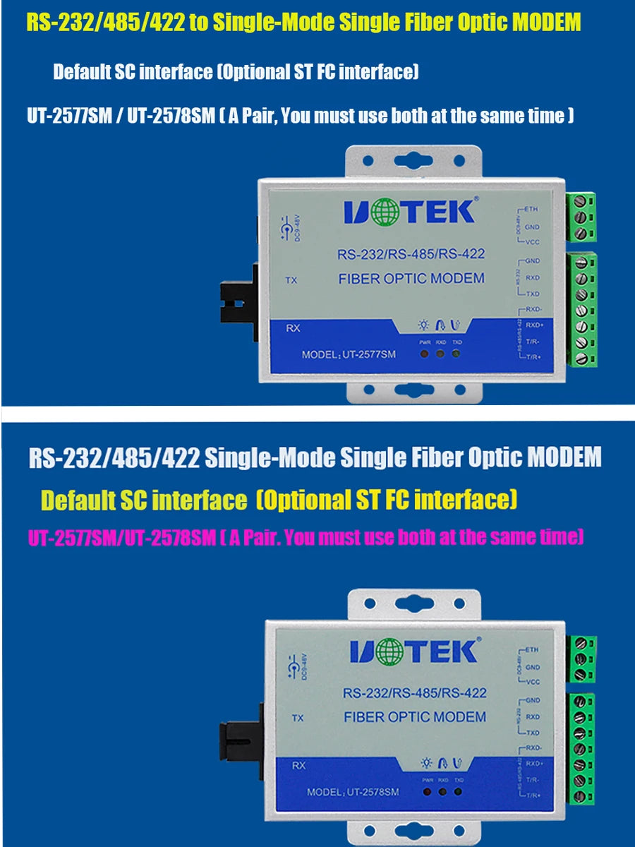 UOTEK Fiber Transceiver RS232 RS485 RS422 20KM SC Port RS-232 RS-485 RS-422 to Fibre-optical Converter UT-2577SM UT-2578SM