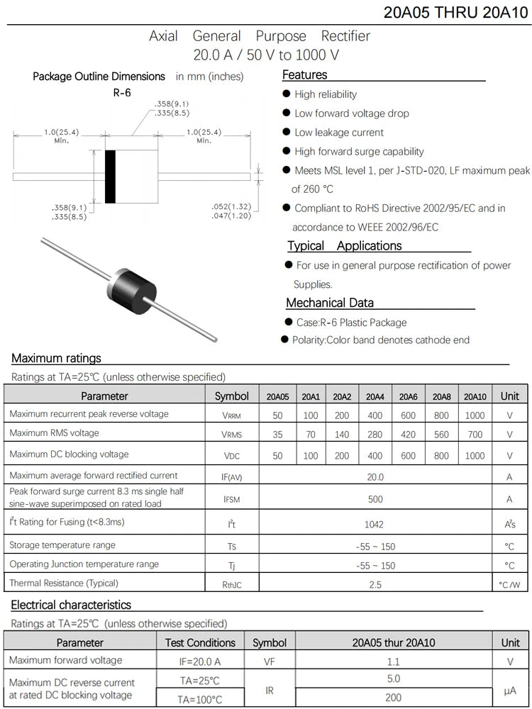 PULAR 20pcs/lot 6A10 10A10 20A10 30A10 10A20 Rectifier Diode 6A 10A 20A 30A 1000V 2000V R-6