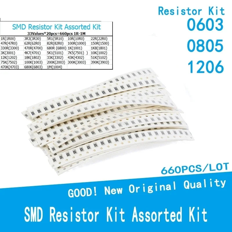 660pcs/Lot 0803/ 0805 /1206  1% SMD Chip Resistor Assorted Kit 1R - 1M Ohm 33valuesX20pcs Resistance Sample Set