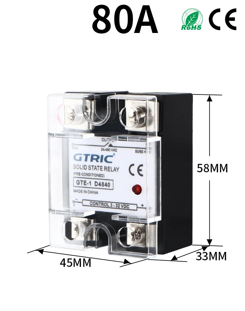 GTRIC SSR Solid State Relay Module 10A 25A 40A 50A 60A 80A 100A DC To AC AC To AC DC To DC 24-380V AC Single Phase Control Relay