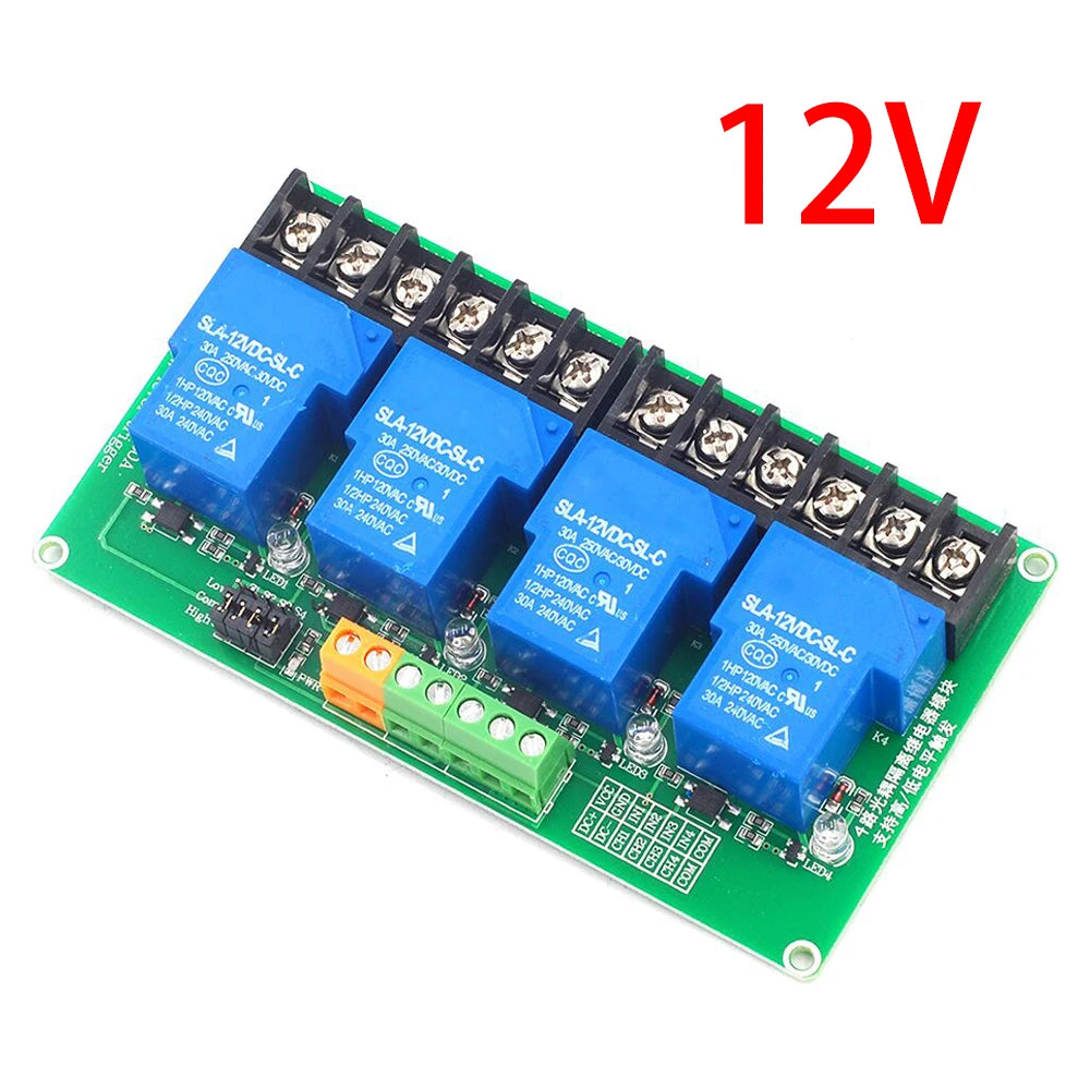 4 8 channel relay module 30A with optocoupler isolation 5V 12V 24V supports high and low PLC Automation for Smart Homes