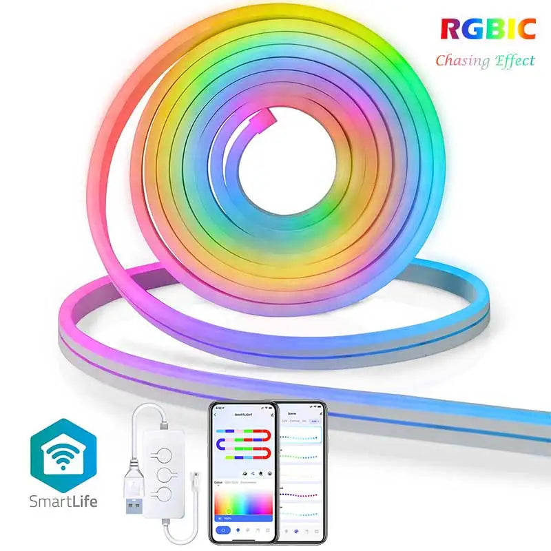 TUYA Neon LED Strip Lights Silicone Neon Rope Light 5-24V 84LEDs/M with Music Sync RGBIC Dreamcolor Chasing Strip Tape for Room