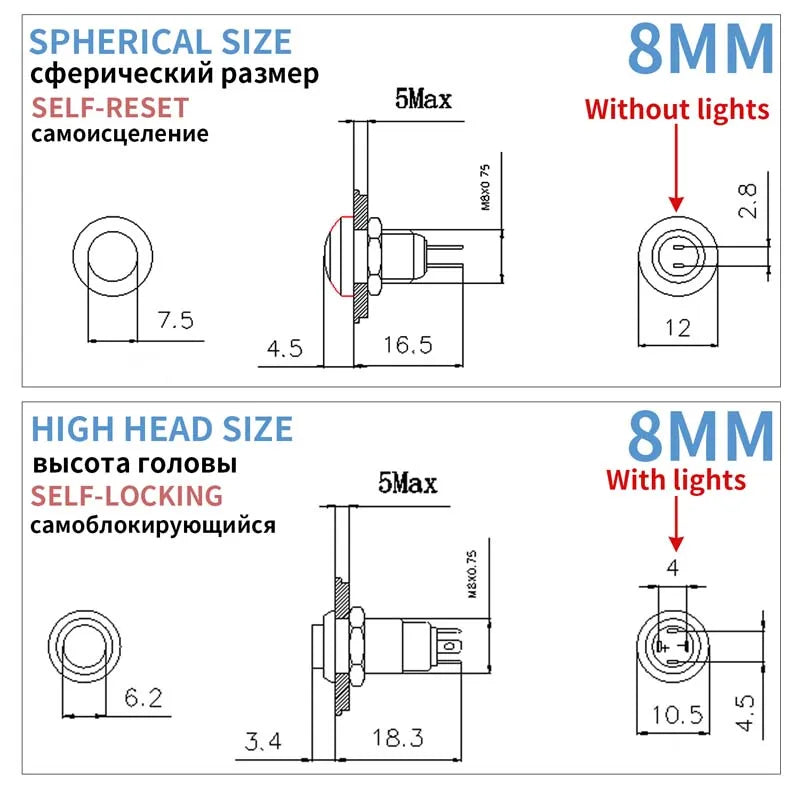 8 10 12 16 19 22mm high head small Waterproof Metal Push Button Switch LED Light Self-locking/Self-reset 3/6/12/24V