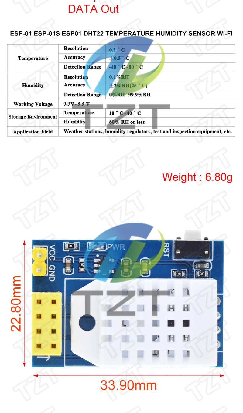 TZT DHT22 AM2302 Temperature Humidity Sensors Module ESP8266 WIFI interface Board ESP8266 ESP-01/01S Adapter Replace