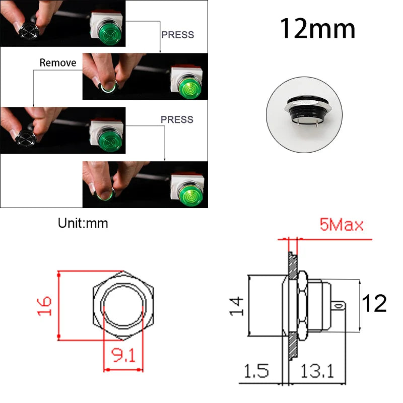 Mini Push Button Switch 12/16/19/22/25/30mm Electric Waterproof Power 12v Led Light Momentary Short Pressure Latching Fix On Off