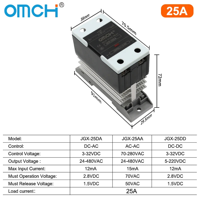 OMCH DIN Rail SSR Solid State Relay With Aluminum Heat Sink DA AA DD 3-32VDC 10A 25A 40A 60A 80A 100A 120A Single Phase Control