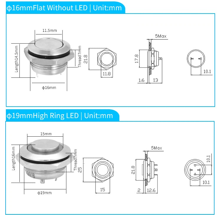 12mm 16mm 19mm 22mm Ultra Short Micro Stroke Stainless Steel Push Button Switch with LED Lamp Waterproof Self-reset/Momentary