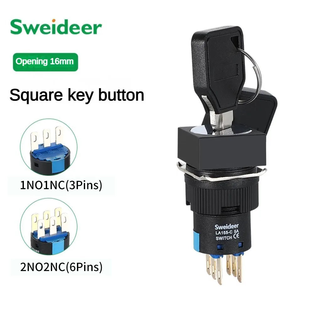 16mm Rotary Knob Push Button Switch 2 3 Positions Latching Self Lock 3/6 Pins Round Square Key Selector Start Up Power Switch
