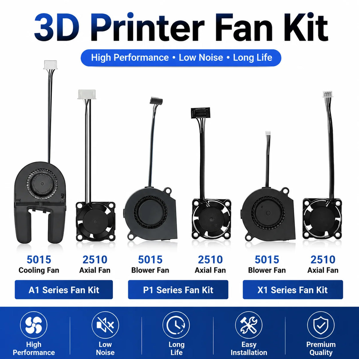 5015 Cooling Fan for Lab A1 A1mini Hotend Fan with Cable Rapid Cooler Fan 2510 Axial Fan Kit for X1 X1C P1P P1S 3D Printer Parts