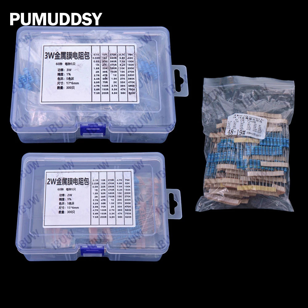 60Values 0.1R 100R 200R 1/2W 1W 2W 3W 1% Metal film resistors kit dip  300R 1K 2K 3K Resistor