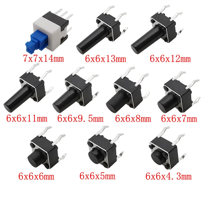100/180/200Pcs 6*6 Tact Tactile Push Button Switch 4.3mm-13mm DIP 4Pin Micro Switch 6x6 Keys Tact ON/OFF 10 Models for Arduino