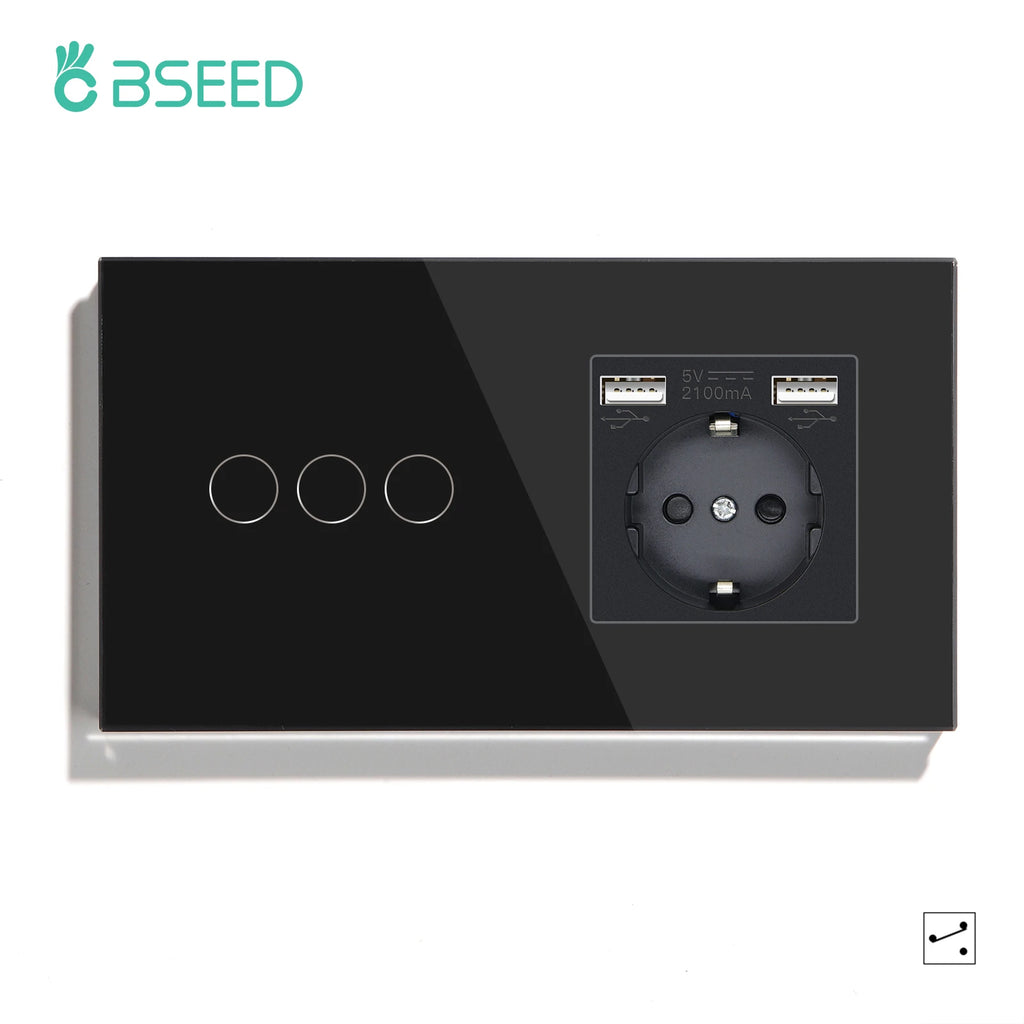 BSEED EU Standard 1/2/3Gang 2Way Wall Touch Switch Light Sensor Switches Wall Socket USB Type-C Crystal Glass Panel 240V Black