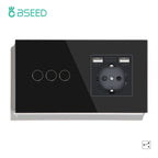 BSEED EU Standard 1/2/3Gang 2Way Wall Touch Switch Light Sensor Switches Wall Socket USB Type-C Crystal Glass Panel 240V Black